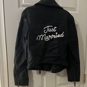 David's Bridal Black Leather Jacket with White "Just Married" Embroidery